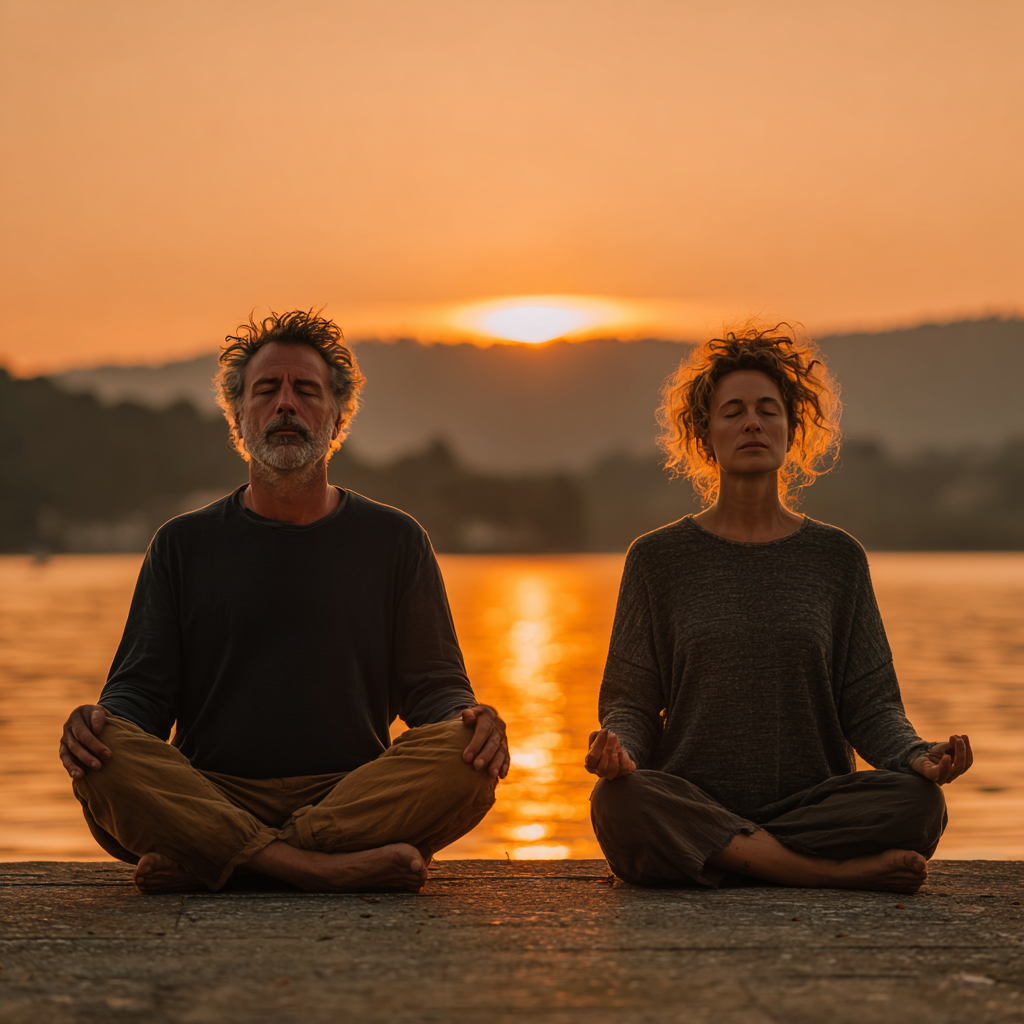 Чоловік 58 років та жінка 52 років медитують разом на природі у позі лотоса біля озера на заході сонця, виглядають умиротворено