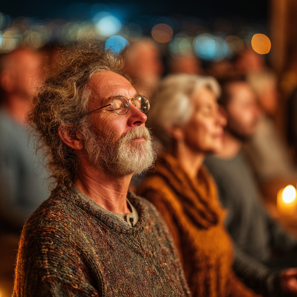 Група людей віком 50-60 років сидить у медитації у тихій кімнаті з приглушеним освітленням, всі мають заплющені очі та спокійні обличчя