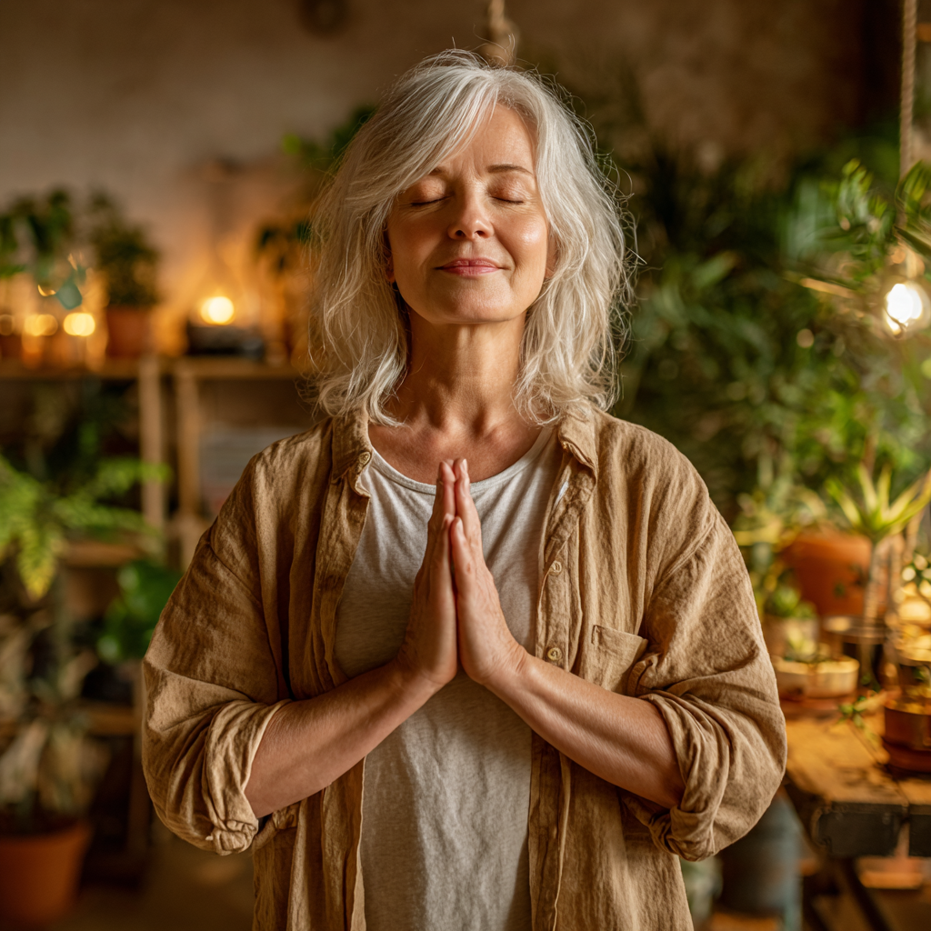 Інструктор йоги, жінка 52 років, демонструє правильну постановку рук в асані на фоні затишної студії з рослинами